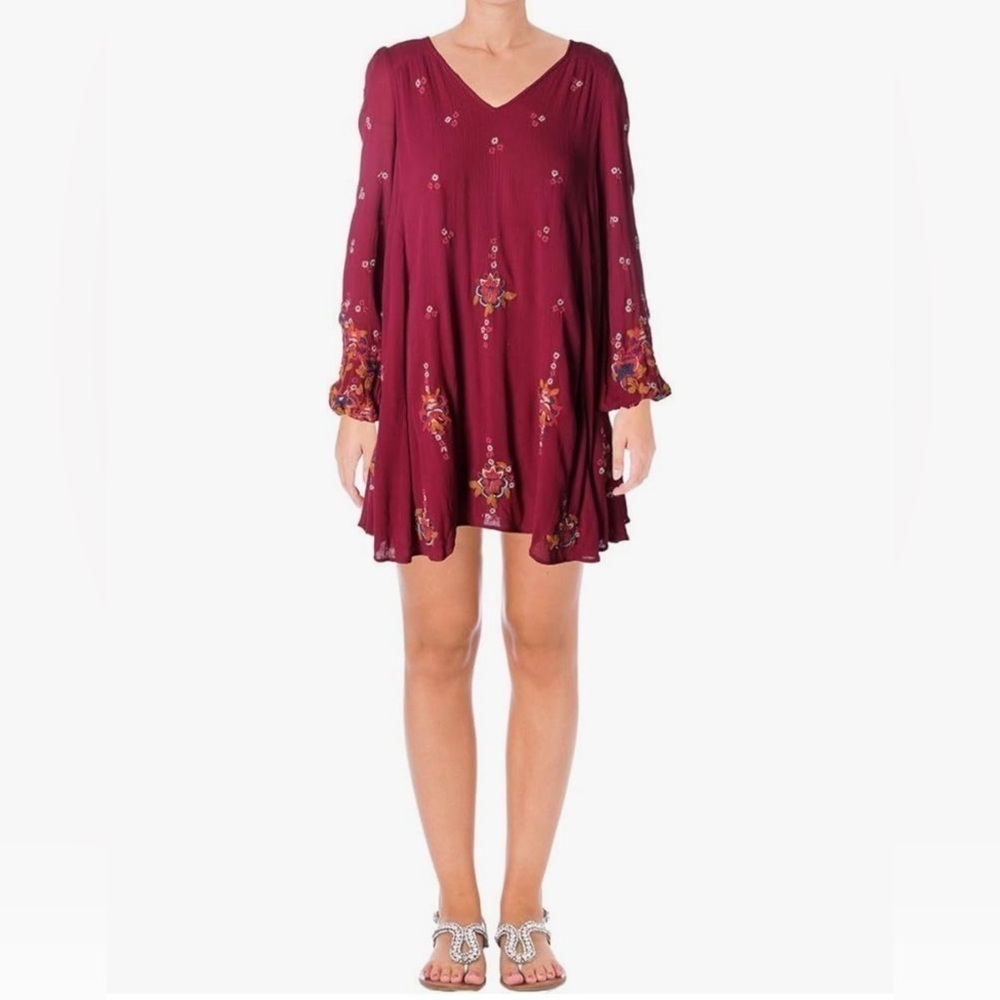Free People Dress "Oxford Embroidered Mini" Fuchsia Floral Embroidery small EUC
